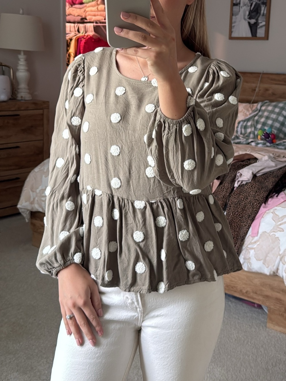 Altar'd State Taupe Peplum Top with White Pom Dot Detail